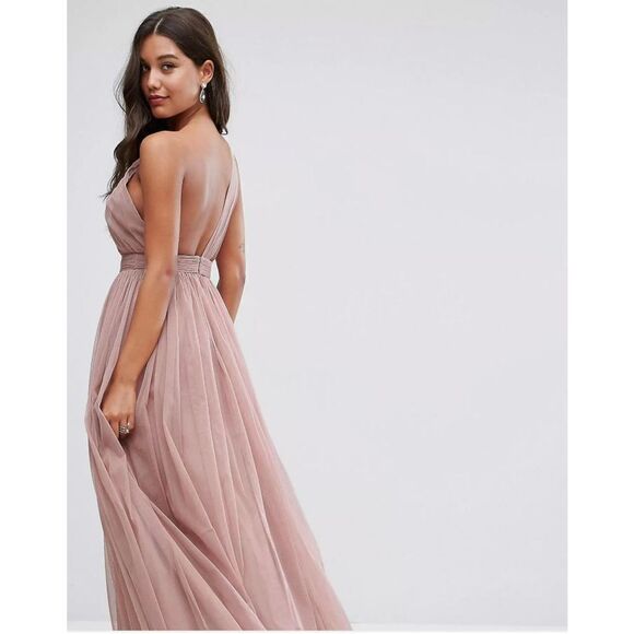 ASOS PREMIUM Tulle One Shoulder Maxi Dress In Mink 10 - Picture 4 of 8